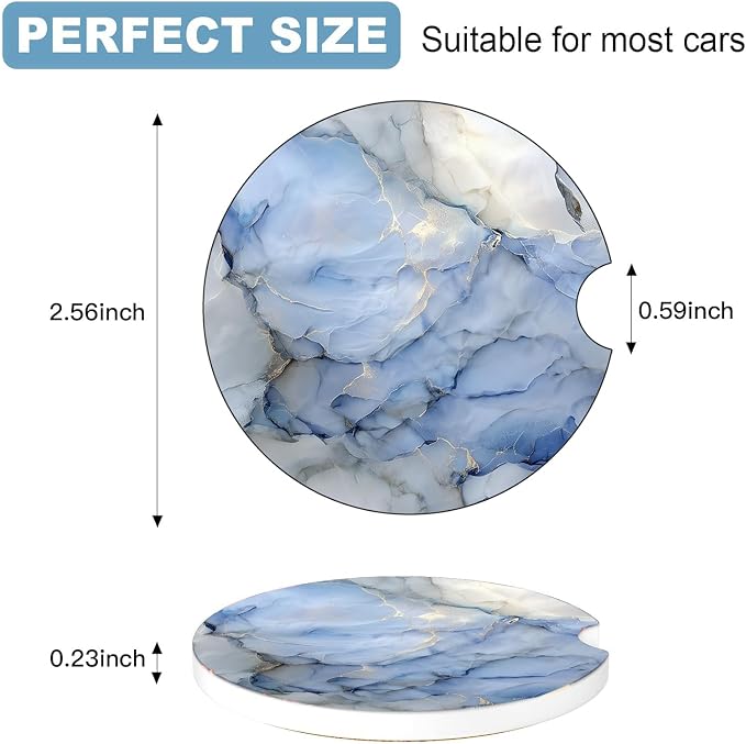 Car Cup Holder Coaster Set Of 2, 2.56 In Ceramic Coasters, Scratch-Resistant Cork Backing, Finger Groove Design For Easy Placement, Cute Car Accessories Interior For Women (Light Blue Marble)