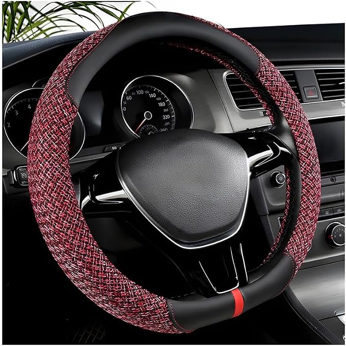 Zpana Car Steering Wheel Cover, 14.5-15" Breathable Linen Sporty Vehicle Steering Wheel Protector with Non-Slip Lining, Automotive Interior Decoration Accessories, Universal Fit (Black/Red)