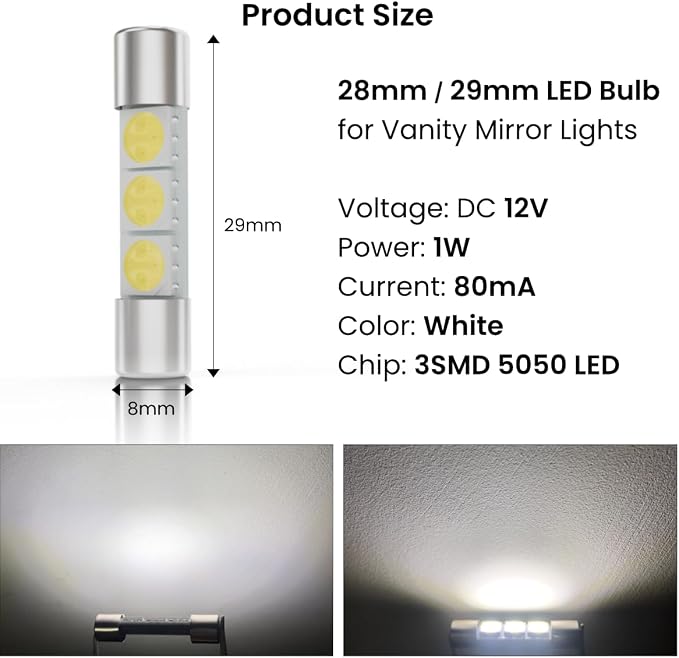 28mm Sun Visor Vanity Mirror Lights 6614F 29mm LED Car Bulb 6000k White Lights 6612F 6641 Fuse Type Bulbs, DC 12V 3SMD 5050 Chips, Pack of 6