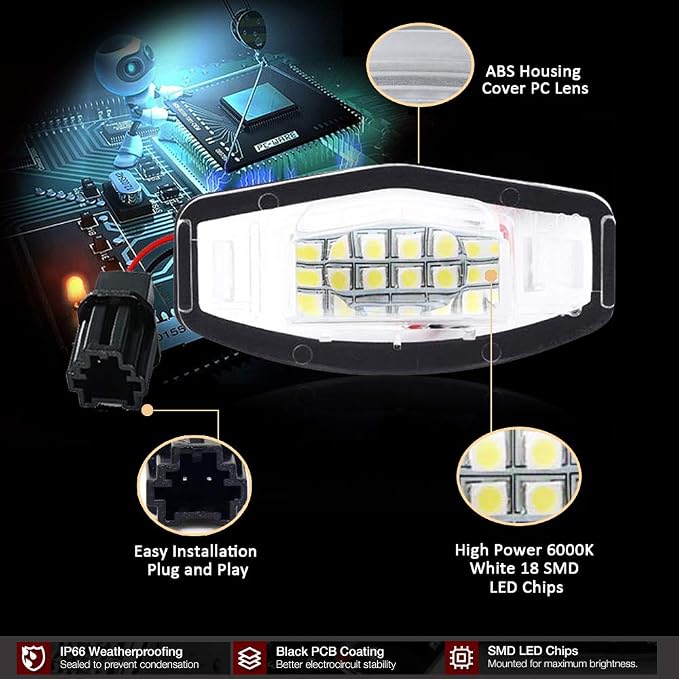 D-Lumina LED License Plate Light Tag Lamp Assembly Replacement Compatible with Honda Civic Accord Sedan Odyssey Pilot Acura MDX TSX TL ILX RDX RL, Powered by 18-SMD 6000K White Pack of 2