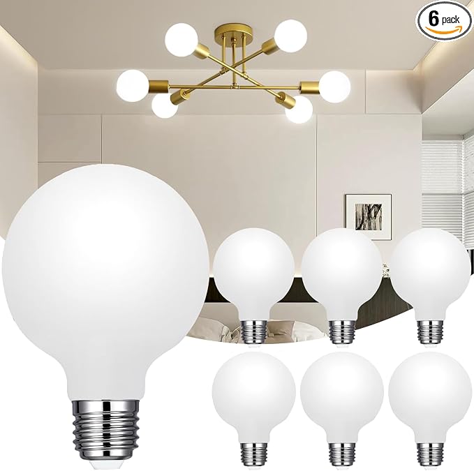Vinaco Glass G25 led Globe Light Bulbs Dimmable 6W 120V 5000K for Bathroom | 6PCS, Milky Frosted Glass, 60W Eq. 450LM, 360°Beam,Warm White, NO Flicker, High CRI90+, E26 Base, for Makeup Mirror & Pendant