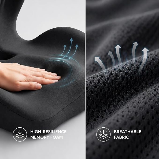 Pain Relief Ergonomic Seat Cushion with Lumbar Support, Memory Foam, L-Shaped, for Office Chair, Car Seat, Gaming Chair (Black)