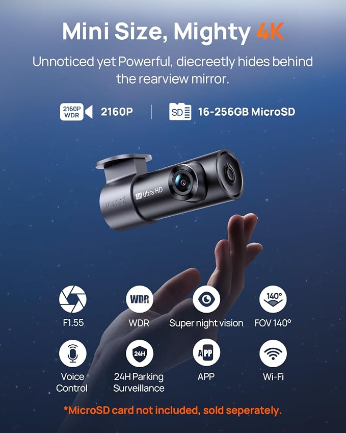 70mai M310 Plus 4K Dash Cam Front with Night Vision, 140° Wide Angle Dash Camera for Cars, WiFi Dashcam with App, Parking Mode, G-Sensor, Loop Recording, Voice Control, Easy Install Car Camera