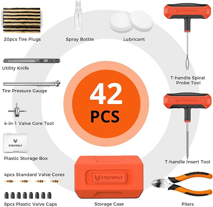 ETENWOLF Tire Repair Kit 42 Pcs, Heavy Duty Tire Plug Kit to Fix Punctures | Tire Repair Tool with Plugs for Car, Motorcycle, ATV, Jeep, Truck, Tractor, Gifts for Him Her Men Women, Vivid Orange