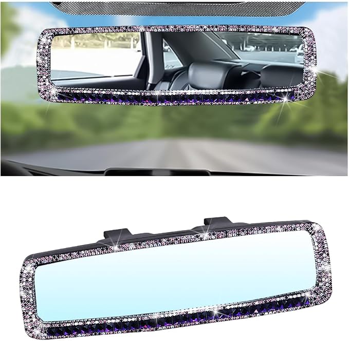 Osilly Bling Car Rearview Mirror, Decorations Rear View Mirror with Crystal Rhinestones & Diamonds, Car Interior Trim Accessories, Clip-on & HD Glass, Sparkly Gift (Purple)