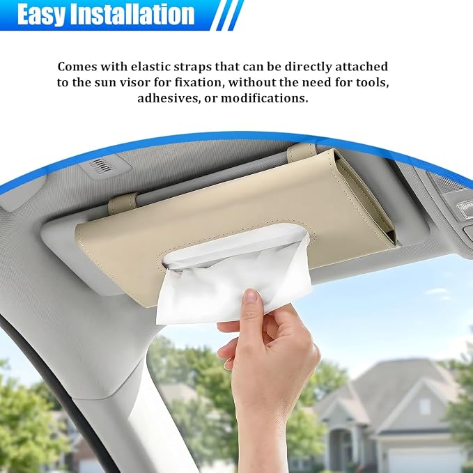 Car Tissue Holder, Rectangle Vehicle Sun Visor Napkin Case with Ergonomic Take Out Port, Automotive Interior Sunshade Tissue Box Organizer, Universal for SUV RV Truck (Khaki)