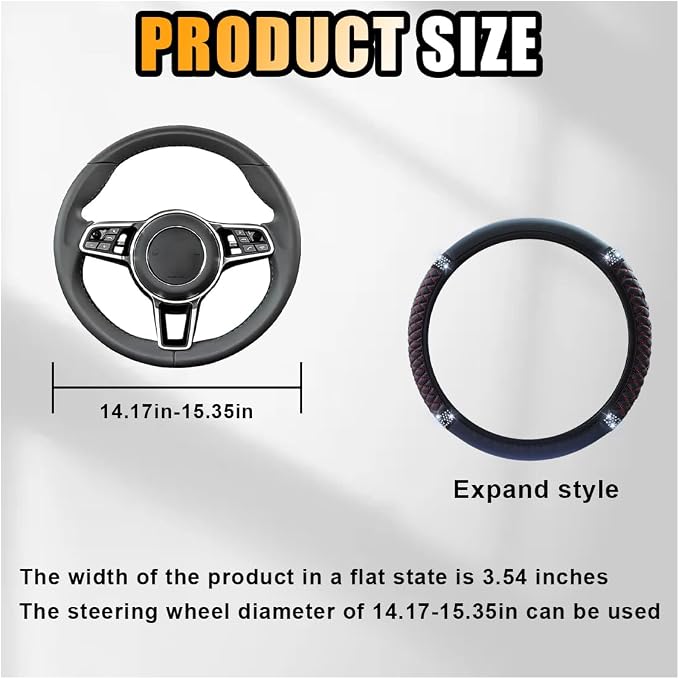JOYCOURT 15 Inch Bling Soft Leather Car Steering Wheel Cover, Black Red | Colorful Rhinestones Design, Auto Elastic Protector for Women Girls, Crystal Diamond Car Accessories for Most Cars, SUVs