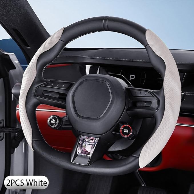Car Steering Wheel Cover, O/D Shape, Nappa Leather, Segmented, Anti-Slip, Odorless, Breathable, for Men & Women, 14-15inch (White)