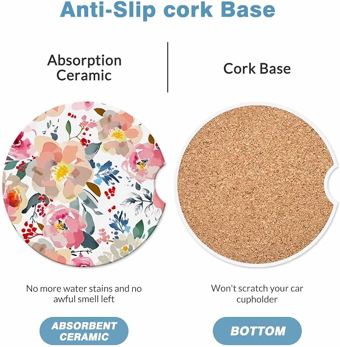 Romantic Floral 2 Pack Car Cup Holder Coaster Spring Garden Colorful Plants Anti Slip Insert Absorbent Ceramic Car Coaster with Cork Base and Finger Notch Cute Car Accessories Interior for Women Men