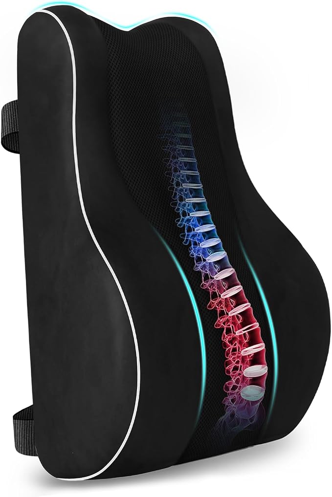 CloudBliss Ergonomic Lumbar Support Pillow – Memory Foam for Lower Back Pain Relief, Adjustable Straps & Mesh Cover for Office, Gaming, Car Seat & Home Essentials (Medium, Black)
