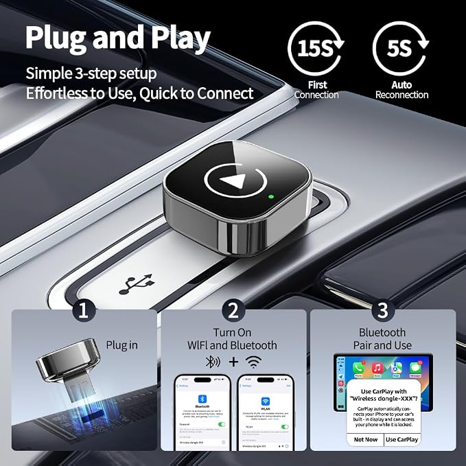 Wireless CarPlay Adapter, Wired to Wireless for CarPlay, Mini USB Design Car Play Adapter, Plug and Play, Stable Connection (Black)