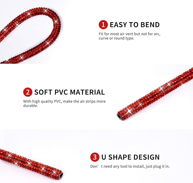 INSAUTO Bling Car Accessories for Women, Bling Car Vent Outlet Trim,10pcs Diamond Car Air Conditioner Decoration Strips(Red)