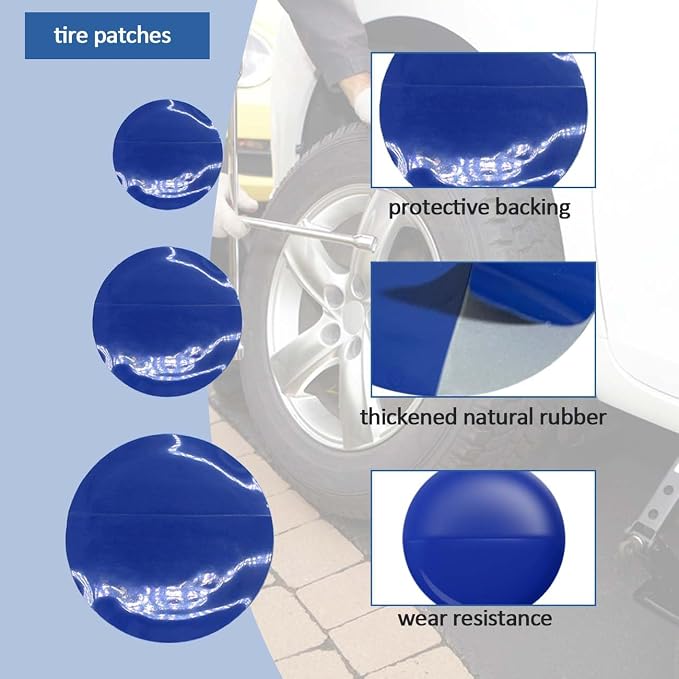 Tire Repair Patch Kit Heavy Duty, 35pcs Tire Repair Tools 42mm Tire Buffing Wheel 32/42/58mm Tire Patches with Tire Patch Roller Inner Liner Scraper for Car Motorcycle Bike Tractors Grinding