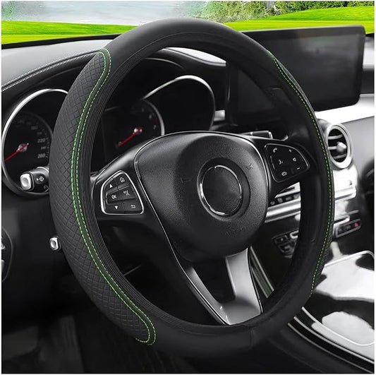 LoyaForba Leather Car Steering Wheel Cover, Elastic Breathable Anti-Slip Steering Wheel Protector, Car Interior Accessories for Men Women, Universal 15 Inch for Most Cars (Black/Green)