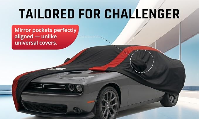 Challenger Car Cover Waterproof All Weather with Red Strip Design, Custom Fit for Dodge Challenger 2008-2026 SXT GT R/T Scat Pack SRT Hellcat, Challenger Accessory with Door Zipper & Windproof Straps