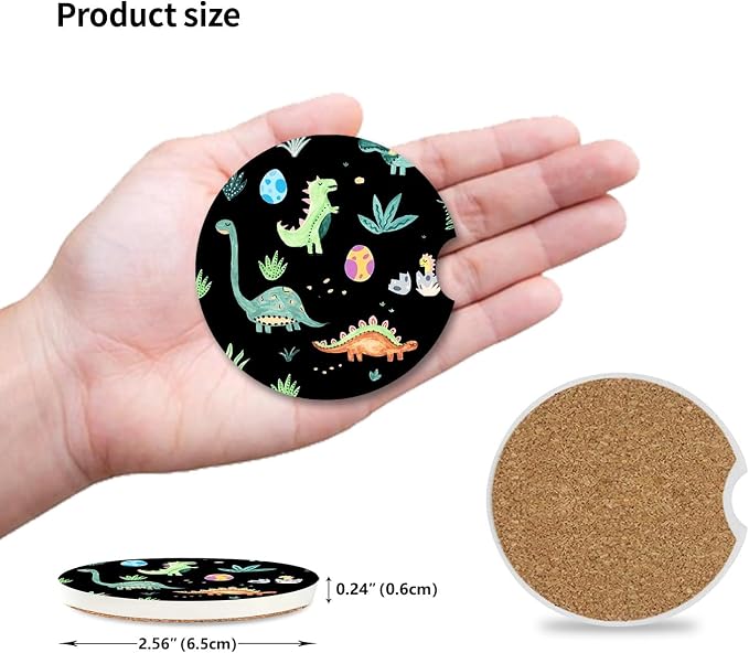 Cute Dinosaur Graffiti Ceramic Cup Holders - Pack of 2, Keep Cup Holders Clean and Dry, Drink Cup Car Holder Coasters with A Finger Notch