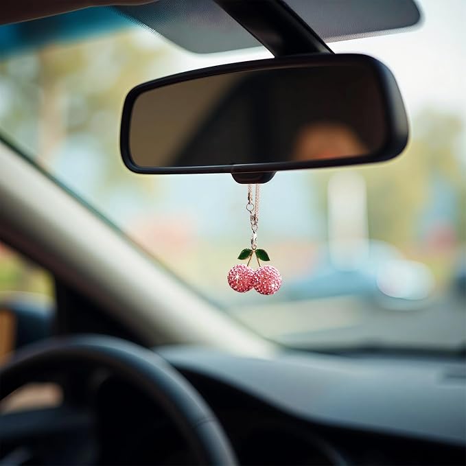 Bling Cherry Car Hanging Ornament, Cute Crystal Rear View Mirror Pendant, Sparkly Diamond Rearview Mirror Charms, Lucky Car Interior Decor Accessories (Pink)