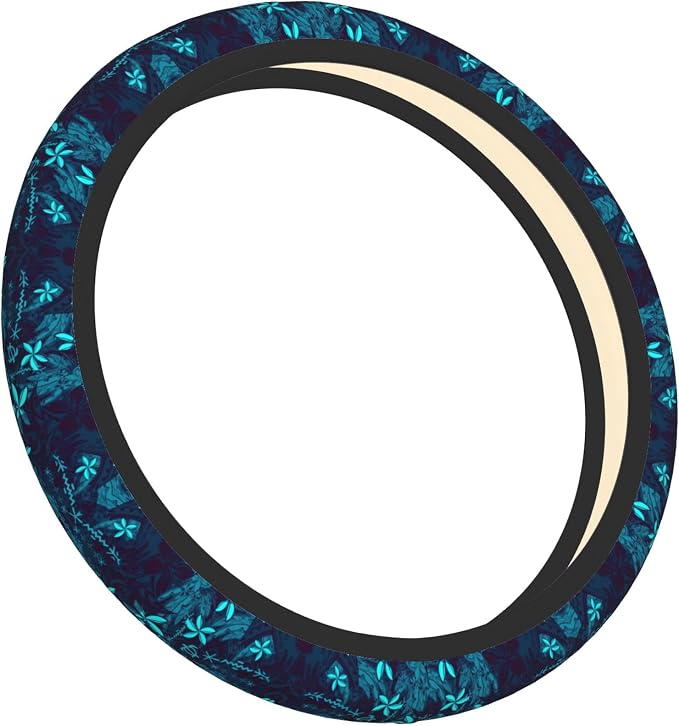 Polynesian Teal Tribal Leaf Floral Car Steering Wheel Cover for Women Men Stretch Cloth Anti-Slip Wrap Protector Case Fit Universal Auto Accessories Decor Sweat Absorption 14-15 Inch
