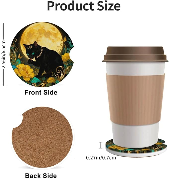 Black Cat Golden Moon Flower Bushes 2 Pack Car Cup Holder Coasters Absorbent Ceramic Drink Coasters 2.56" Anti Slip Cup Mat with Cork Base Finger Notch Auto Accessories Interior for Women Men