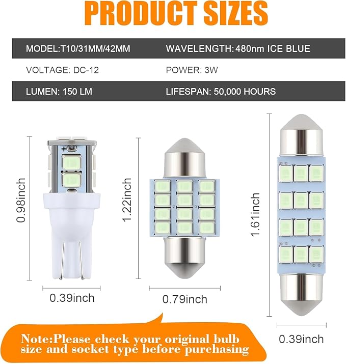 iFunyLED 24 Pieces Dome Light LED Car Interior Bulb Kit Set 194 T10 DE3175 578 31mm 42mm Bulbs Interior Replacement Lights for Car Map License Plate Door Side Marker Cornering Trunk Light - Ice Blue