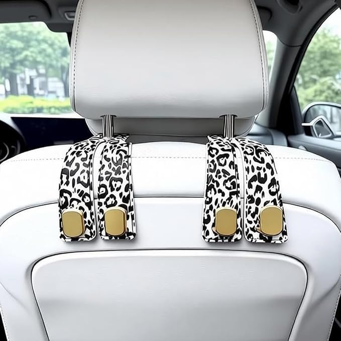 2 Pack Purse Hook for Car Headrest, Car Seat Back Storage Hook for Purses and Bags, Car Back Seat Headrest Purse Holder, Hanger Storage Organizer (Black Leopard)
