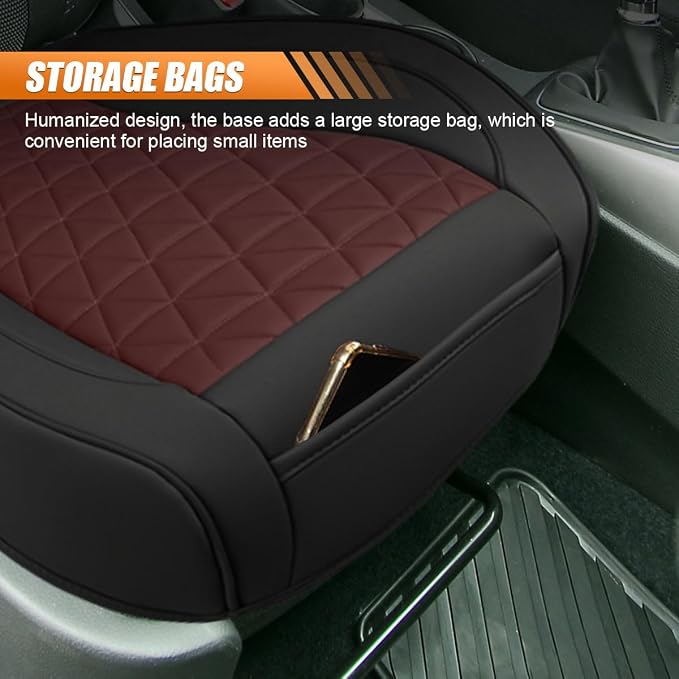 Luxury Faux Leather Car Seat Cover, Car Seats Cushion,Black&Red | Anti-Slip Waterproof Universal Front Bottom Seat Protector with Storage Pocket for Sedans, SUVs, Trucks, Triangular Pattern