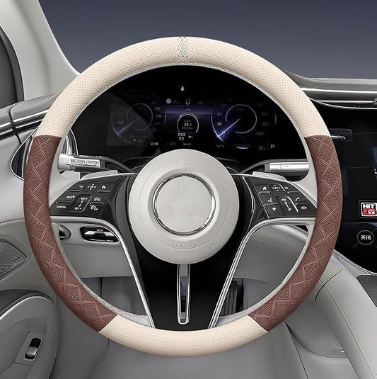 Ultra-Thin Napa Leather Steering Wheel Cover, 15 Inch | Universal fit for most cars and SUVs; two-tone breathable non-bulky cover with 3D anti-slip diamond grip