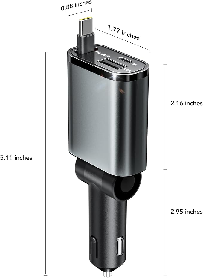 Retractable Car Charger,Car Phone Charger USB C Fast Charge for iPhone | EloBeth Car Charger,Cigarette Lighter USB Charger Car Accessories,Road Trip Essentials Gift for Men,for iPhone 17/16,Galaxy