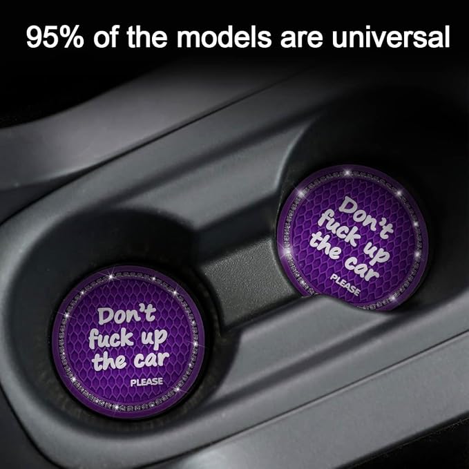 2 Pack Bling Car Coasters for Cup Holder, Crystal Rhinestone 2.75 in Cup Holder Coaster, Silicone Anti-Slip Insert Cup Mats for Women, Interior Accessories Universal for Most Cars (Purple)