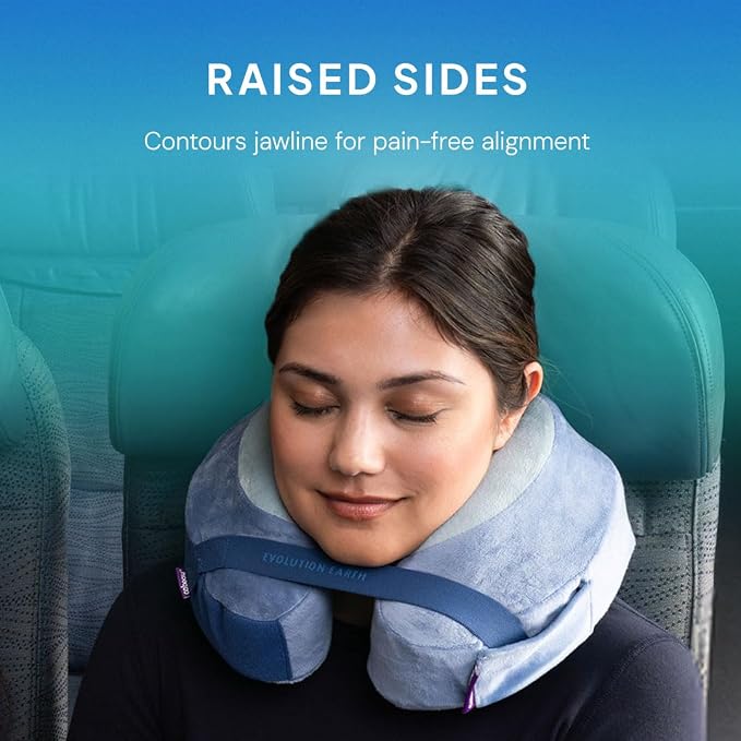 Cabeau Softest Neck Pillow Ever for Travel – Evolution Earth Deluxe – 360° Head, Neck and Chin Support for Sleeping – Sustainable Memory Foam - Buttery Soft Fabric with Compact Carrying Case (Water)