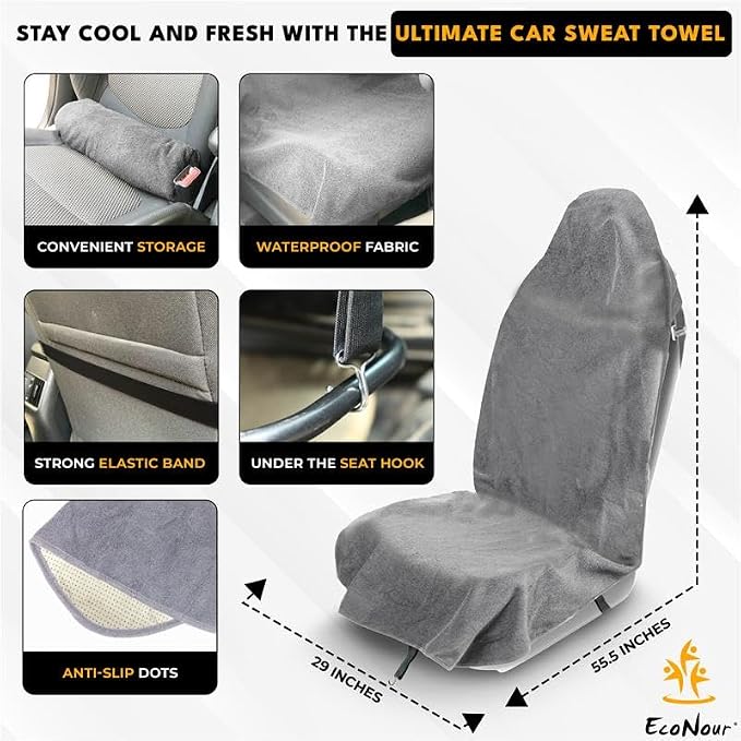EcoNour Car Seat Cover Sweat Towel – Waterproof Universal Seat Protector for Gym, Workout, Swimming, Camping & Dog Travel – Washable Car Seat Cover for Cars, Trucks, SUVs & Vans – Grey 29" x 55.5"
