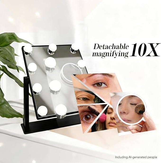 Makeup Vanity Mirror with LED Lights Makeup Mirror Detachable 10X Magnification, Hollywood Make Up Mirror with Lighting, Smart Touch, Rechargeable,360° Rotation, Black 13.77"x 11.81"