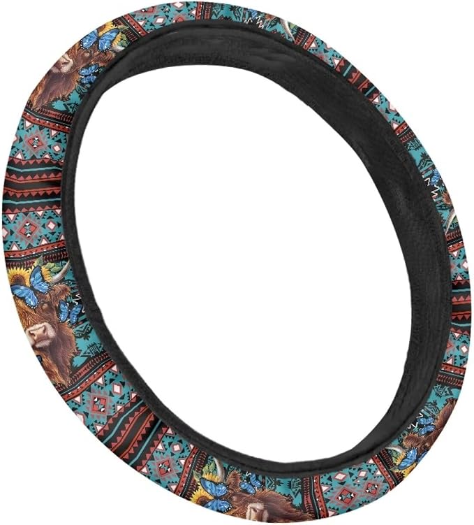 Wanyint Aztec Highland Cow Sunflower Butterfly Car Steering Wheel Cover Soft Stretch Anti-Slip Washable Car Interior Accessory Universal Fit for Car SUV Trucks