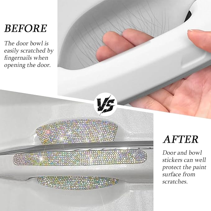 8PCS Bling Car Door Handle Protector, Crystal Rhinestone Anti-Scratch Vehicle Door Handle Bowl Stickers, Glitter Automotive Exterior Decal Accessories, Universal for Vehicles (Multicolor)