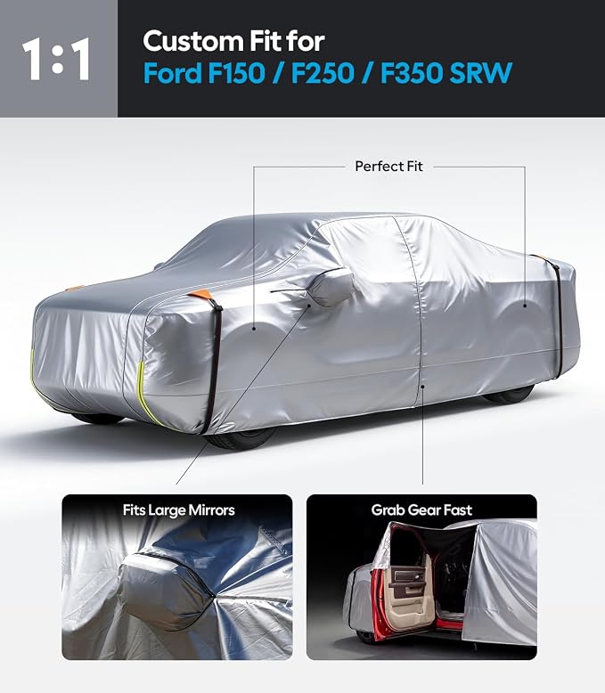 Wigoo Ford F150 F250 F350 SRW Truck Car Cover Accessories 2009-2026, Waterproof All Weather Outdoor Full Pickup Cover, Windproof UV Rain Snow Dust Protection, Door Zipper, Reflective Safety Strips
