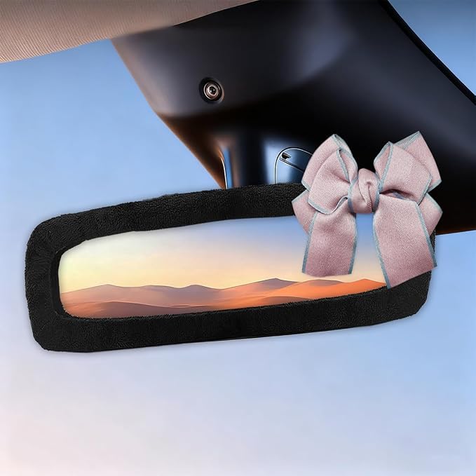 Bow Car Rearview Mirror Cover, Plush Auto Rear View Mirror Elastic Dustproof Protector, Universal Vehicle Interior Mirrors Edge Decoration Accessory for Cars, SUVs, Trucks (Pink)