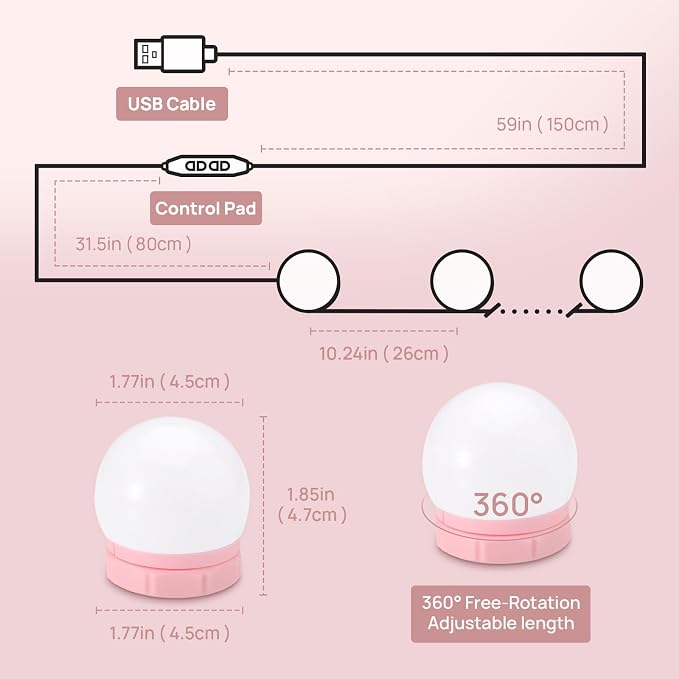 Consciot LED Vanity Lights for Mirror, Hollywood Style Vanity Light with 10 Dimmable Bulbs, Adjustable Color & Brightness, USB Cable, Mirrors Lights Stick on for Makeup Table Dressing Room Mirror