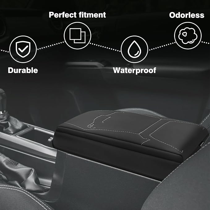 Muslogy Center Console Armrest Cover Fit for Toyota Tacoma 2024 2025 2026 Accessories, Comfort Armrest Pad Console Lid Cushion Vegan Leather 1-Inch Extra Thick(Black/Gray Stitching)
