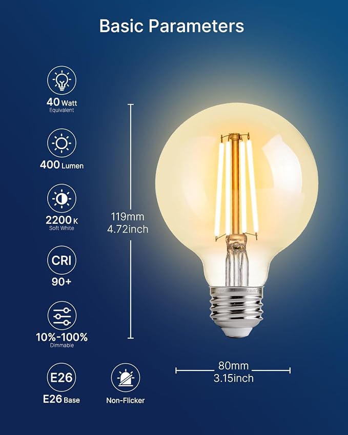 FLSNT 8 Pack Amber Glass LED Edison Bulbs, G25 Globe Light Bulbs 2200K Warm White, Dimmable Decorative Bulbs for Bathroom & Living Room, 40W Equivalent 400LM, CRI90+ E26 Base, UL Listed