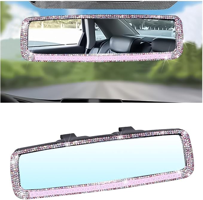 Osilly Bling Car Rearview Mirror, Decorations Rear View Mirror with Crystal Rhinestones & Diamonds, Car Interior Trim Accessories, Clip-on & HD Glass, Sparkly Gift (Pink)