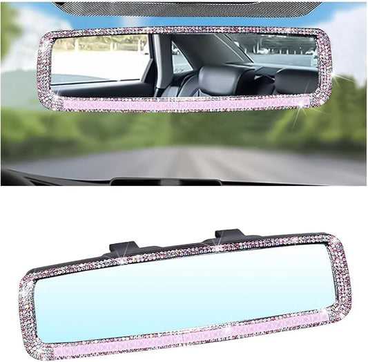 Osilly Bling Car Rearview Mirror, Decorations Rear View Mirror with Crystal Rhinestones & Diamonds, Car Interior Trim Accessories, Clip-on & HD Glass, Sparkly Gift (Pink)