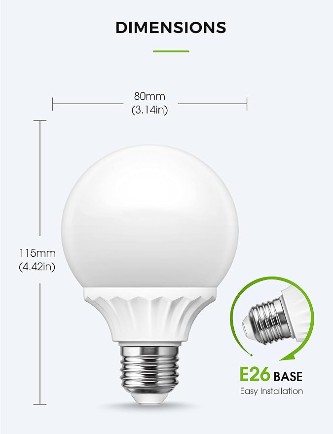 LOHAS G25 Globe Light Bulbs, LED Vanity Lights | 40-45W Equivalent, Bathroom Round Light Bulb, E26 Edison Base Lamp, Bathroom Makeup Mirror Home Lighting, Non-Dim, 6 Pack