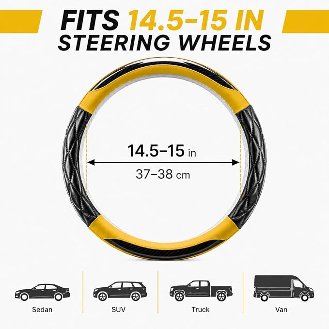 14.5-15 Inch Leather Steering Wheel Cover with Soft Padded Lining, Anti-Slip Comfort Grip, Universal Steering Wheel Protector for Most Cars, SUVs, Trucks (Yellow)