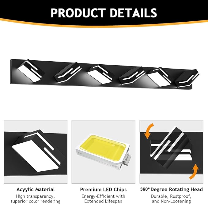 LED Modern Bathroom Vanity Light Fixtures, Dimmable Matte Black Vanity Lights for Bathroom Lighting Fixtures Over Mirror, with 360° Rotatable Acrylic Heads 6-Light 42-inch 5CCT