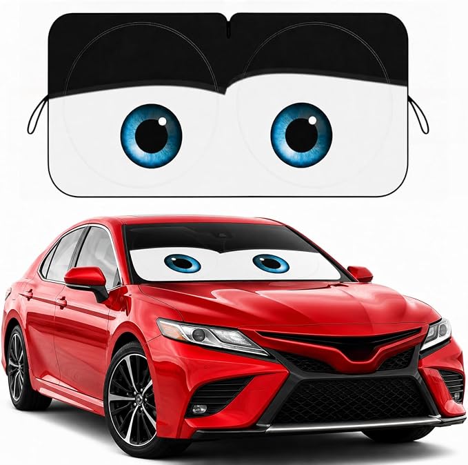Car Windshield Sun Shade, Universal Fit Midsized Sedan SUV, Classic Black | 63 x 31.5" Windshield Cover, Foldable Front Window Sunshade, UV Heat Protection, Cute Eyes Series