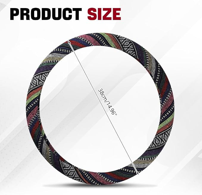 Boho Steering Wheel Cover, Ethnic Style Car Steering Wheel Cover Protector, Anti-Slip Flax Cloth Cover Universal Fits 14.5-15 Inch Steering Wheel, Interior Car Accessories(B Style)