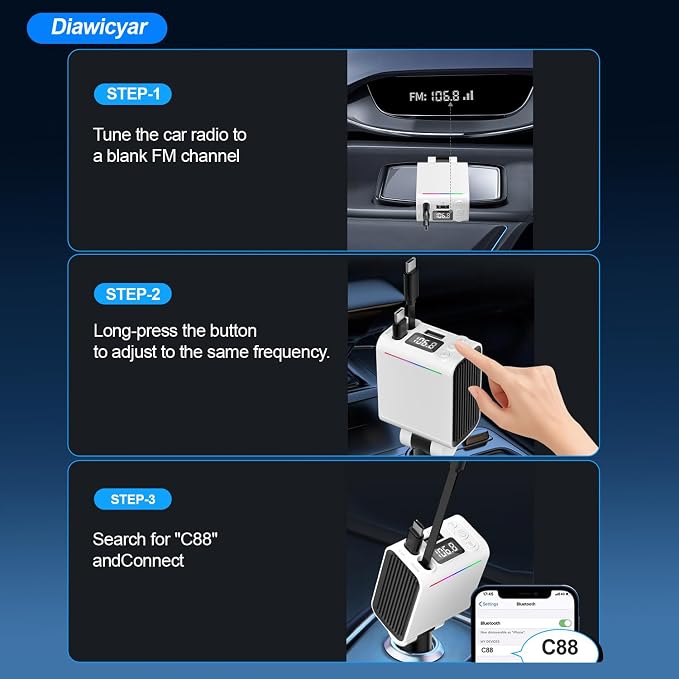 45W FM Transmitter Bluetooth Car Adapter, Wireless FM Bluetooth Transmitter | [PD 30W & QC3.0] Retractable Car Charger, Hands-Free Calling, White