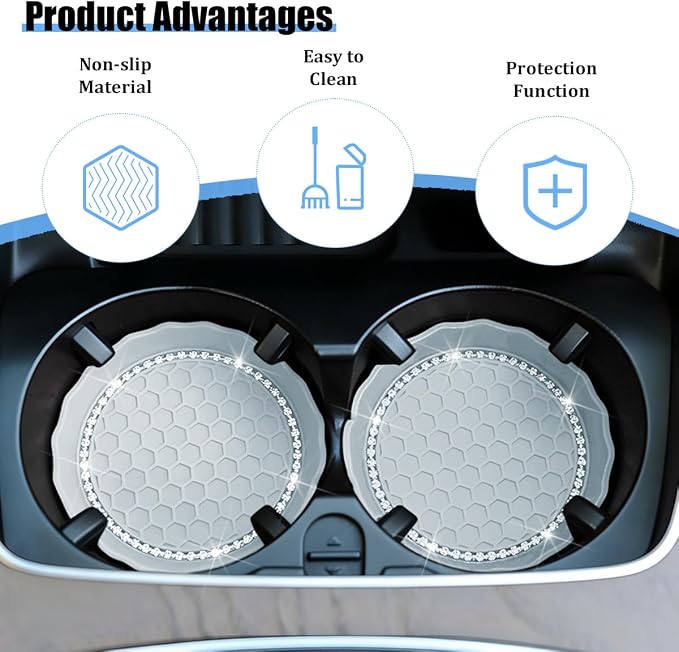 HZEL 4PCS Bling Car Cup Holder Coaster, Shiny Crystal Rhinestone Silicone Dustproof Drink Cup Insert Pad, Dazzling Automotive Interior Water Bottle Holder Embedded Mat, Universal Fit (Light Blue)