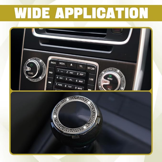 2PCS Car Bling Crystal Rhinestone Engine Start Ring Decals, Push to Start Button Cover, Key Ignition & Knob Bling Ring, Key Ignition Knob Bling Ring, Bling Car Accessories for Women