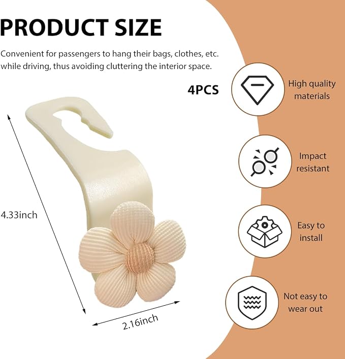 4 PCS Car Seat Headrest Hooks, Cute Flower Car Seat Back Organizer Bag Holder Hooks, Automotive Seat Hook Hanger Storage Organizer for Purse Cloth Grocery Bags, Car Accessories (White)